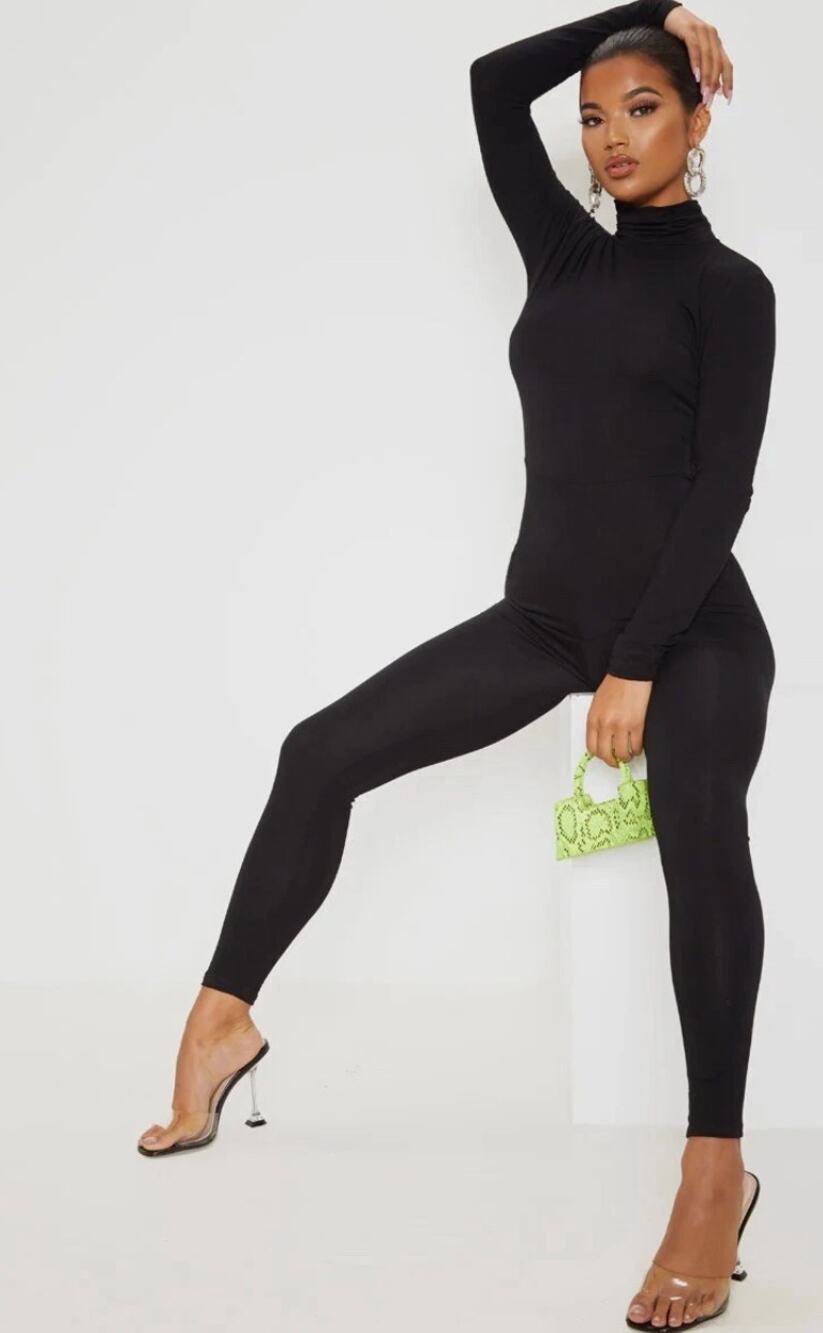 PrettyLittleThing Black Roll Neck Long Sleeve Jumpsuit Size US 4 NWT